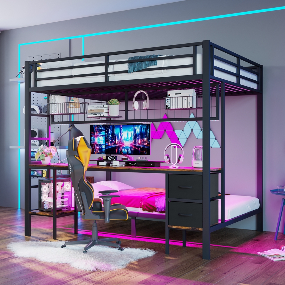 Bett 140x200 cm mit Schreibtisch und Stauraum – Hochbett aus Metall mit 7-farbiger LED und USB-Anschluss Bild 1