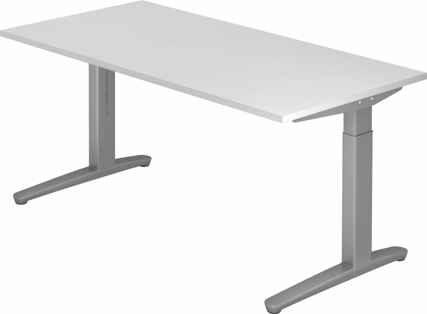 bümö manuell höhenverstellbarer Schreibtisch 160x80 in weiß, Gestell in silber - PC Tisch höhenverstellbar & groß, höhenverstellbarer Tisch Büro, großer Computertisch verstellbar, X16-W-SS Bild 1