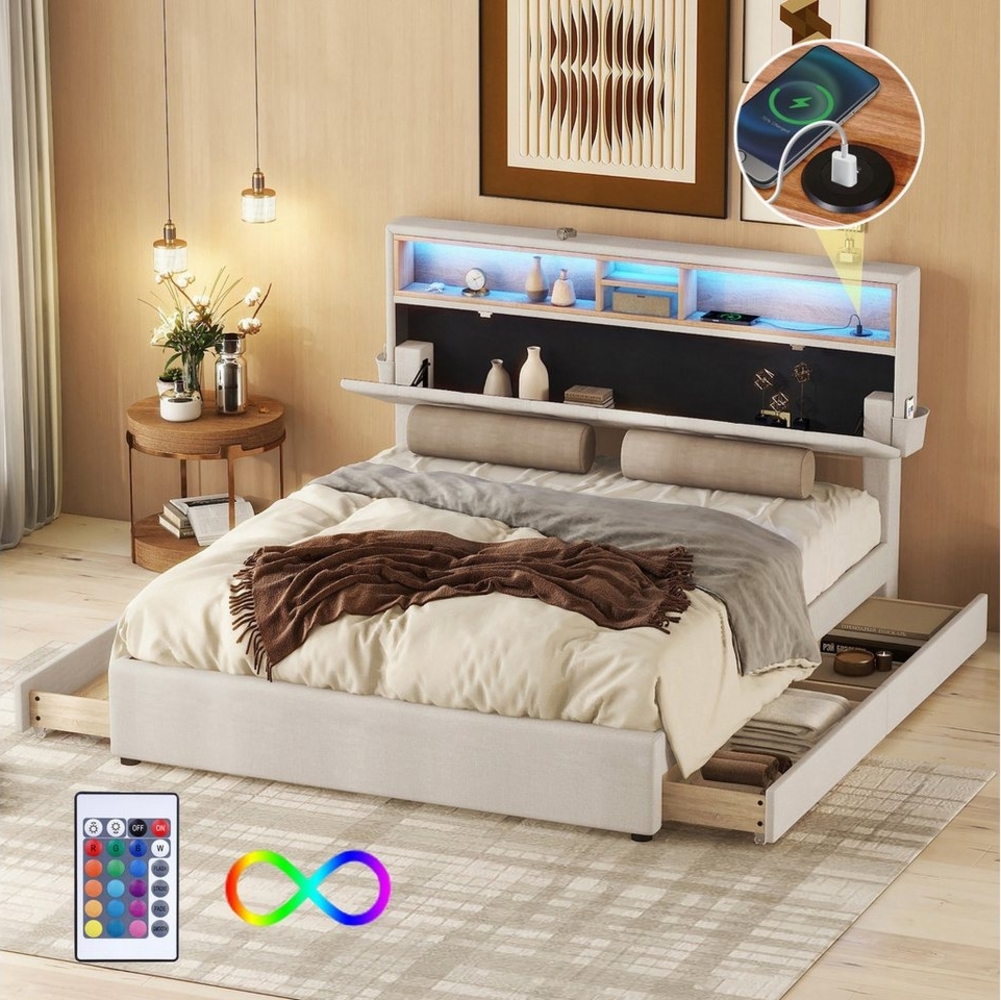 TavilaEcon Polsterbett Jugendbett Doppelbett mit aufladen USB und LED-Beleuchtung, Stauraum-Kopfteil Bett,140x200cm,mit vier Schubladen Bild 1