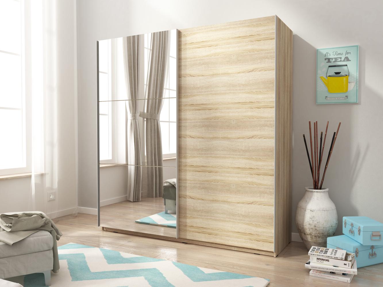 Domando Kleiderschrank Riccione M2 150 Modern Breite 150cm, Schwebetüren, praktische Facheinteilung in Sonoma Eiche Bild 1