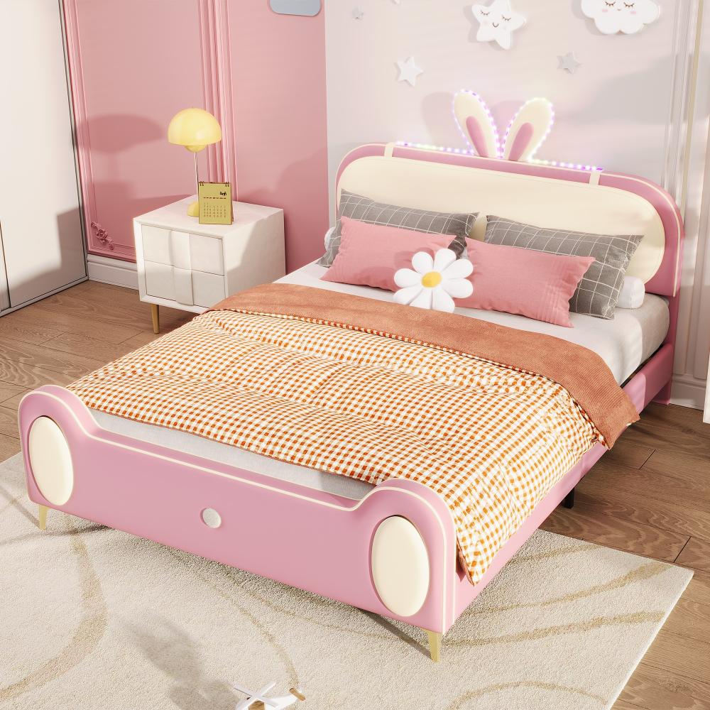 Merax Polsterbett Kinderbett Doppelbett 140x200cm mit LED-Streifen und Hasenohr Kopfteil, Beige+Rosa Bild 1