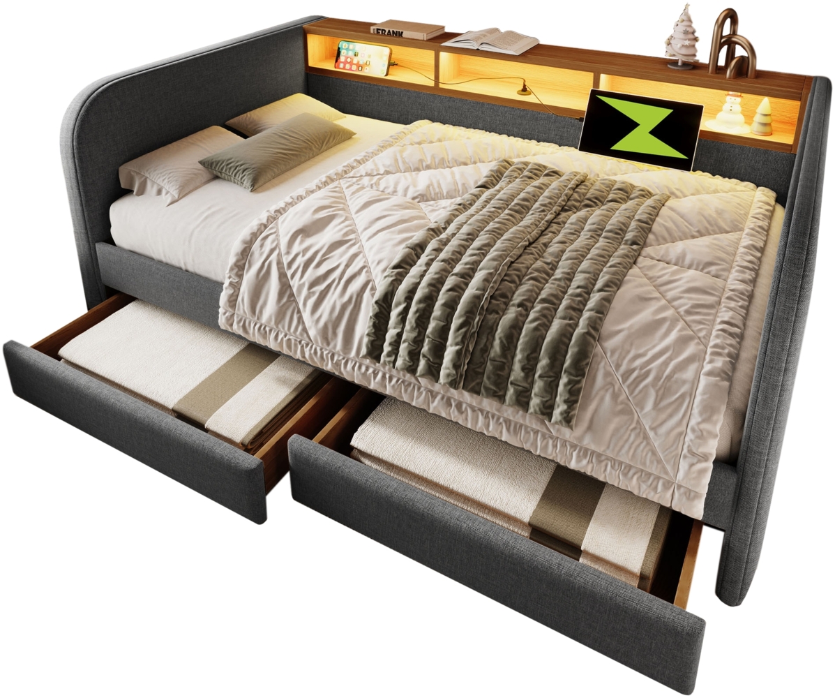 Polsterbett 140x190 cm mit LED & USB‑C, 2 Schubladen, Leinenbezug, Grau Bild 1