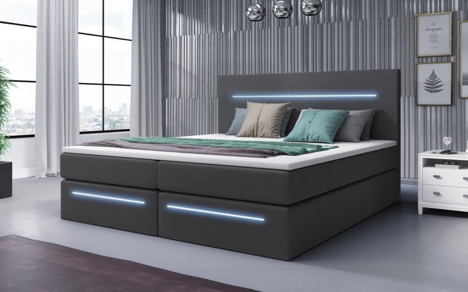 Luxusbetten24 Boxspringbett Sejour, mit LED-Beleuchtung und Stauraum Bild 1