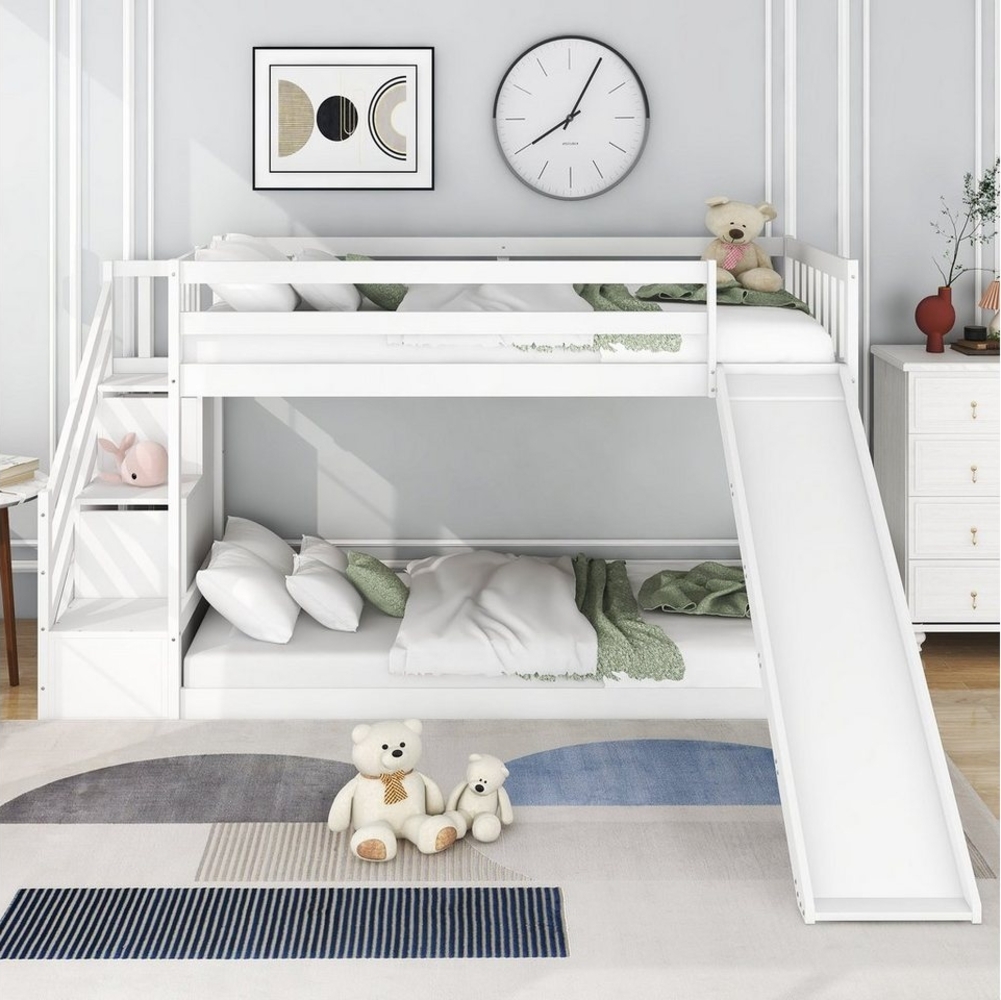 HAUSS SPOLE Kinderbett Etagenbett Kinderbett Jugendbetten (Sicheres Geländer, Etagenbett-Design, Massivholz-Lattenrost 90x200cm, Weiß), Bequeme Treppe und Aufbewahrungsfunktion Bild 1