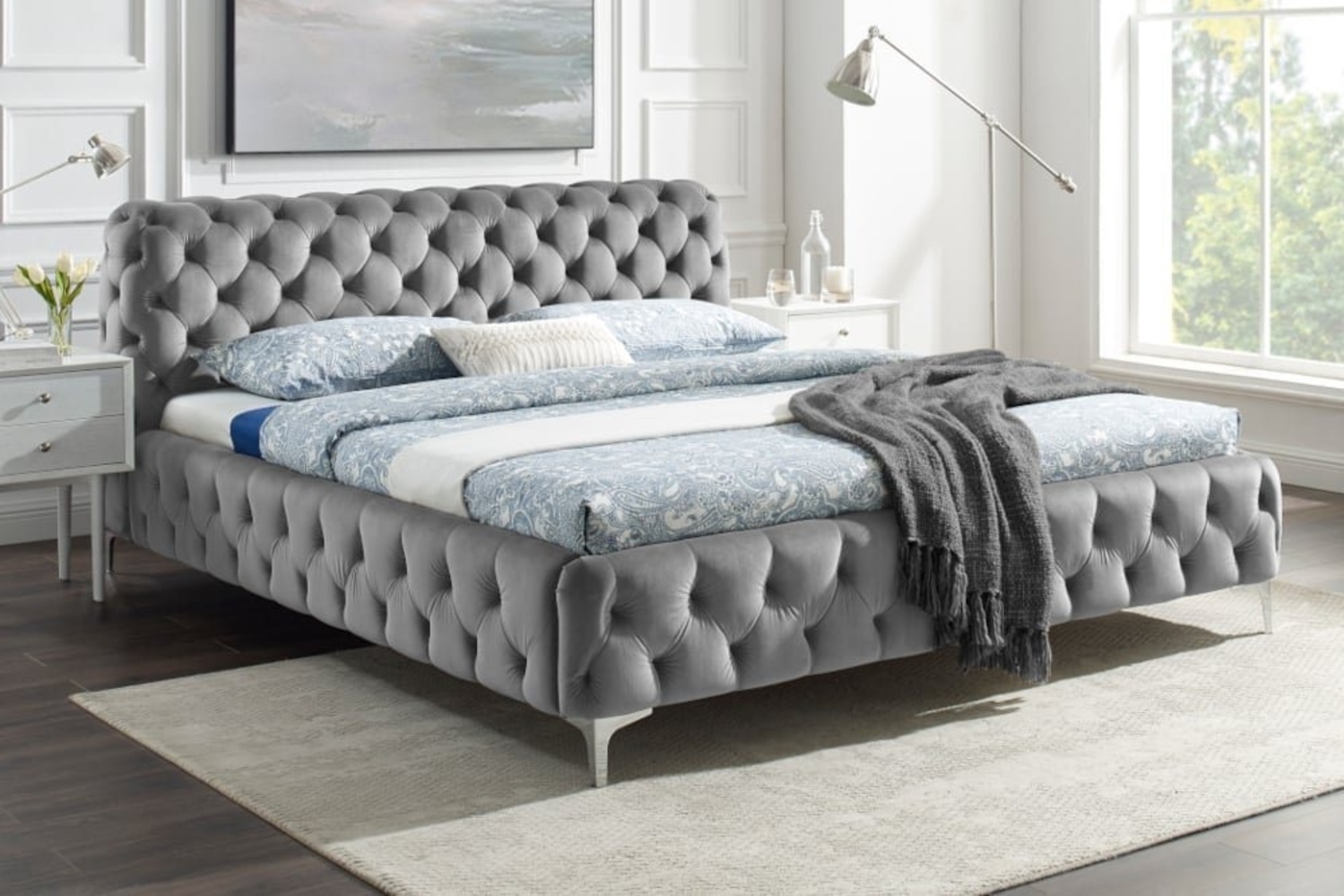 riess-ambiente Polsterbett MODERN BAROCK 160x200cm grau (Einzelartikel, 1-tlg), Schlafzimmer · Samt · Metall · Gäste · Queensize · Chesterfield Bild 1