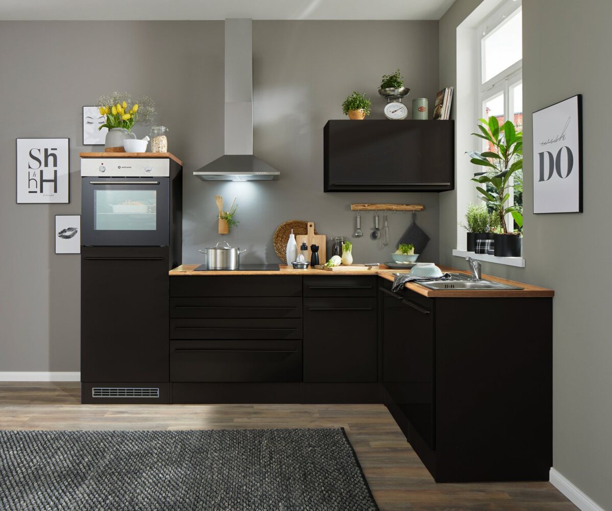 Jazz 6 Moderne Eckküche ohne Elektrogeräte in Schwarz matt, Lanzelot Eiche Optik - Geräumige Küchenzeile in L-Form mit viel Stauraum - 260 x 200 x 60 cm (B/H/T) Bild 1