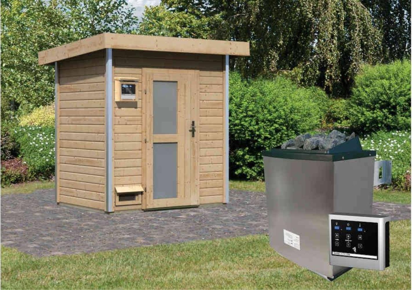 Karibu Sauna Jorgen naturbelassen + 9 kW Saunaofen mit ext. Steuerung Easy Milchglastür Bild 1