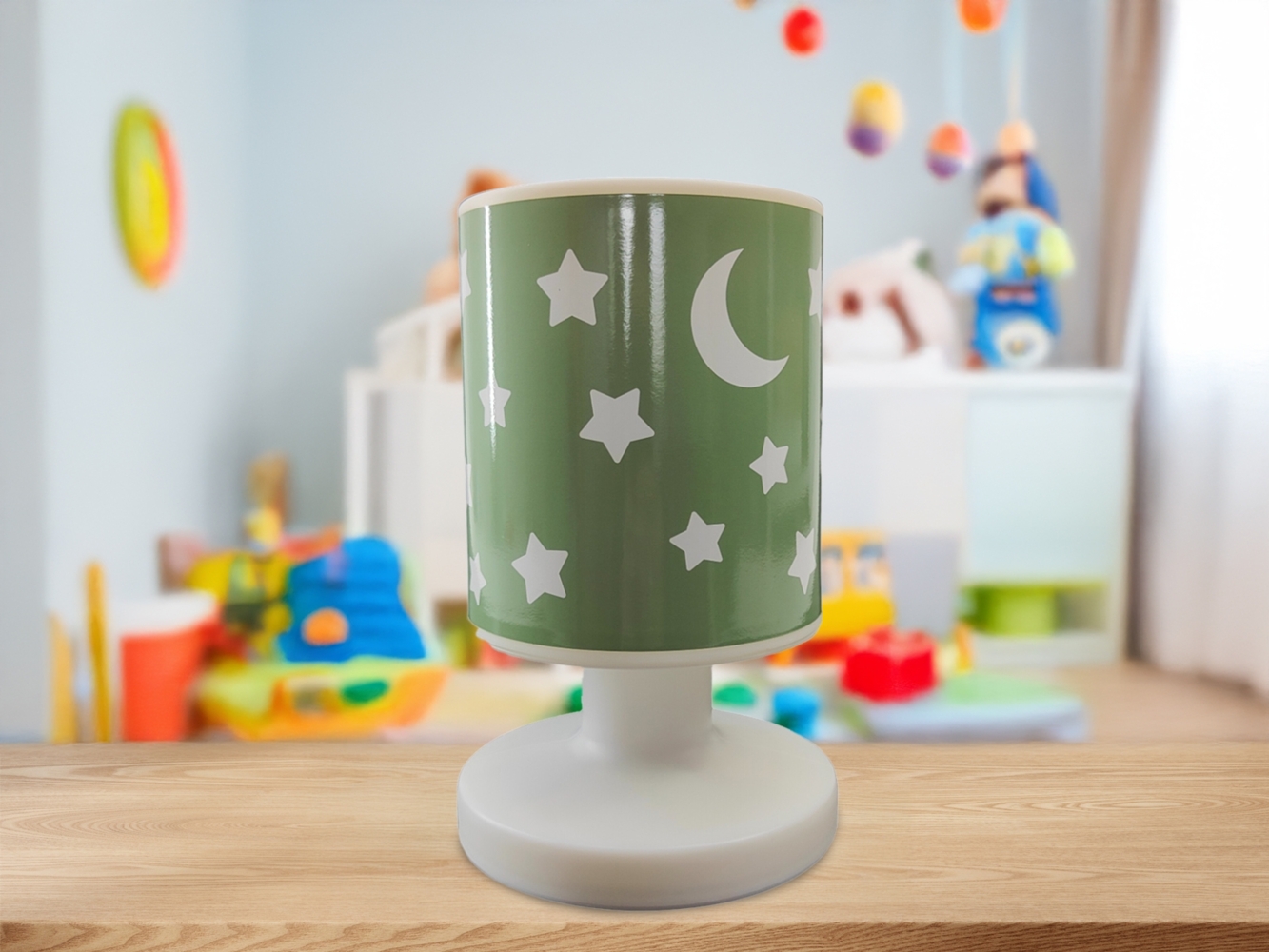 LED Akku Tischleuchte Salbeigrün mit Mond & Sternen per USB aufladbar, Höhe 20cm Bild 1
