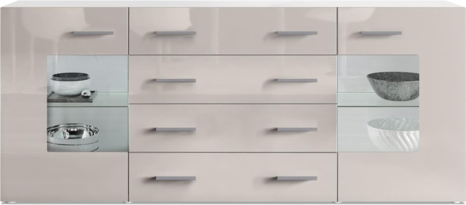 Sideboard Kommode Grömitz V2, Korpus in Weiß matt / Front in Sandgrau Hochglanz (166 x 72 x 35) Bild 1