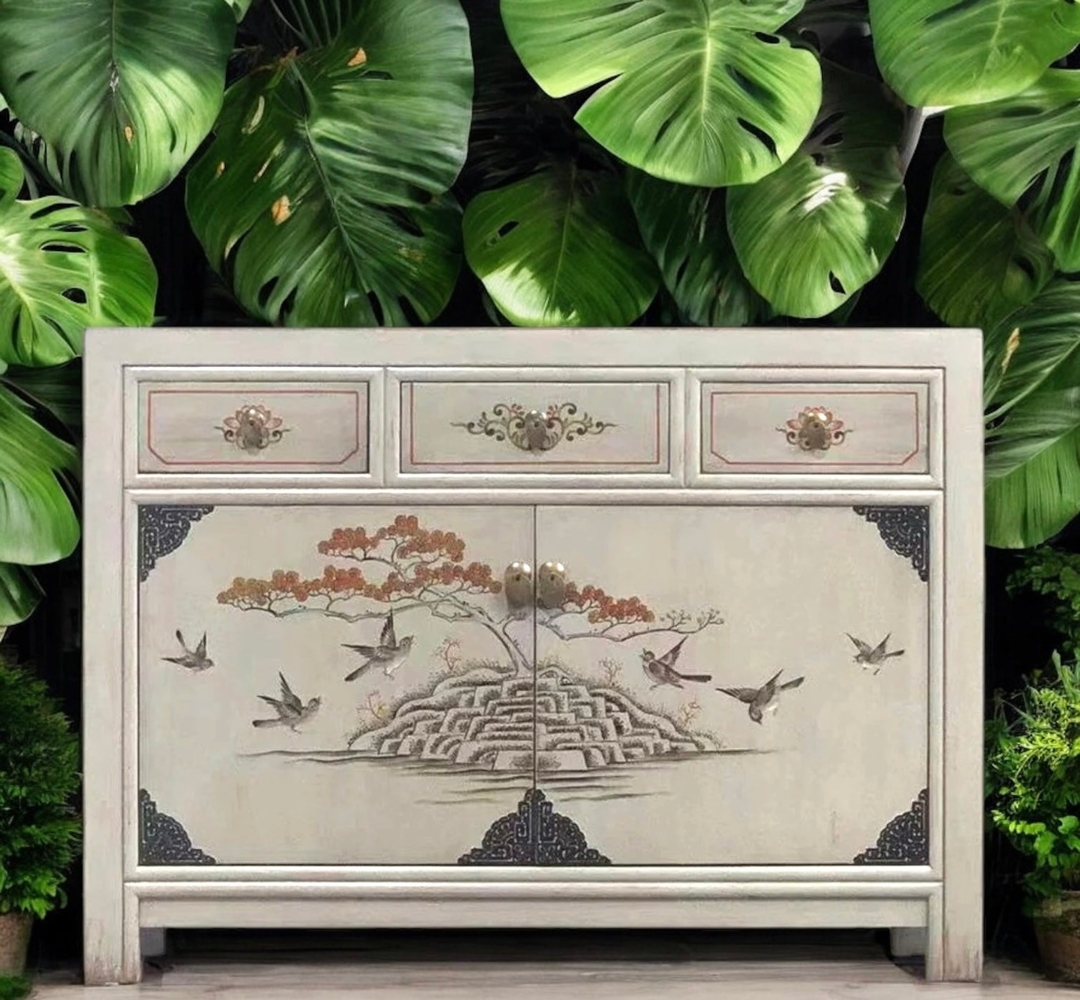 Vintage Kommode Weiß Orange chinesisch Schrank Sideboard Kolonial-Stil Antik-Stil Lowboard asiatisch orientalisch Fernost shabby-chic Landhaus Bild 1