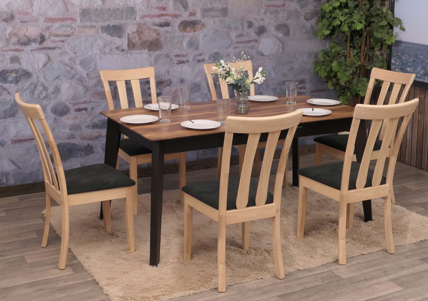 6er-Set Esszimmerstuhl HWC-G46, Küchenstuhl Stuhl, Stoff/Textil Massiv-Holz ~ naturfarbenes Gestell, schwarz Bild 1