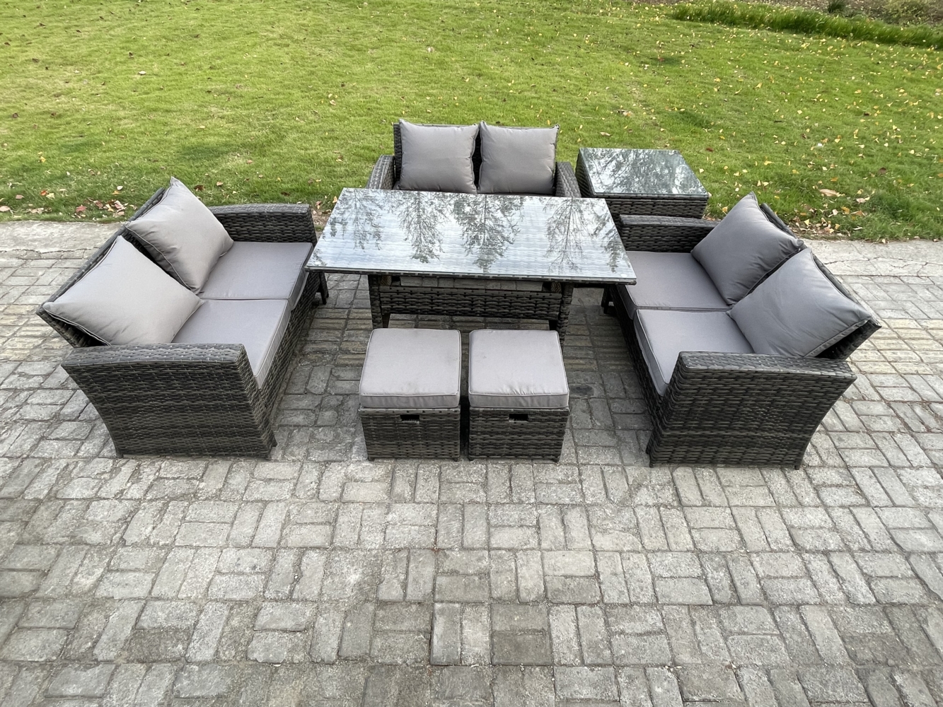 Fimous Polyrattan Gartenmöbel-Sets mit Länglicher Esstisch Doppelsitzsofa Beistelltisch 2 kleine Fußhockern Dunkelgrau gemischt Bild 1
