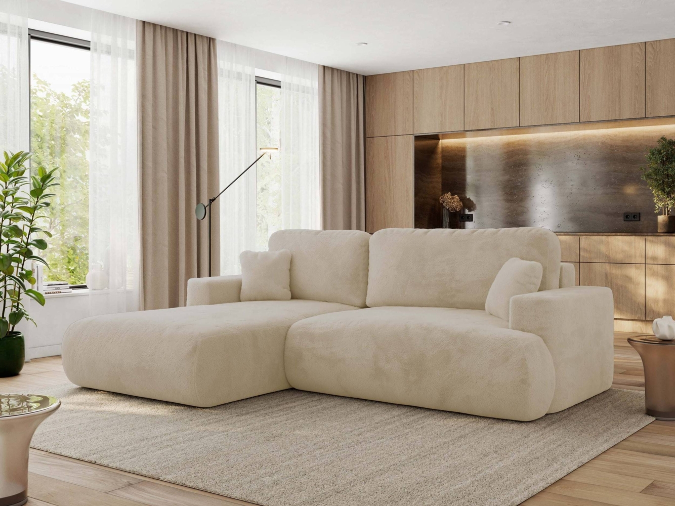 Ecksofa OVO mit schlaffunktion und bettkasten, Wellenfeder, lose Kissen, L-form 271x195 cm - Creme Plüsch - linke Seite Bild 1