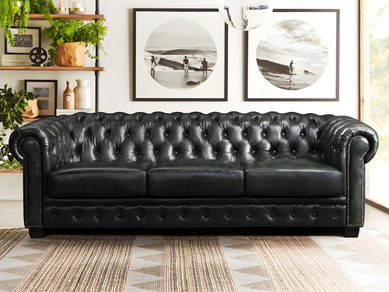 Vente-unique - Chesterfield Ledersofa 4-Sitzer - Büffelleder - Schwarzgrün - BRENTON Bild 1