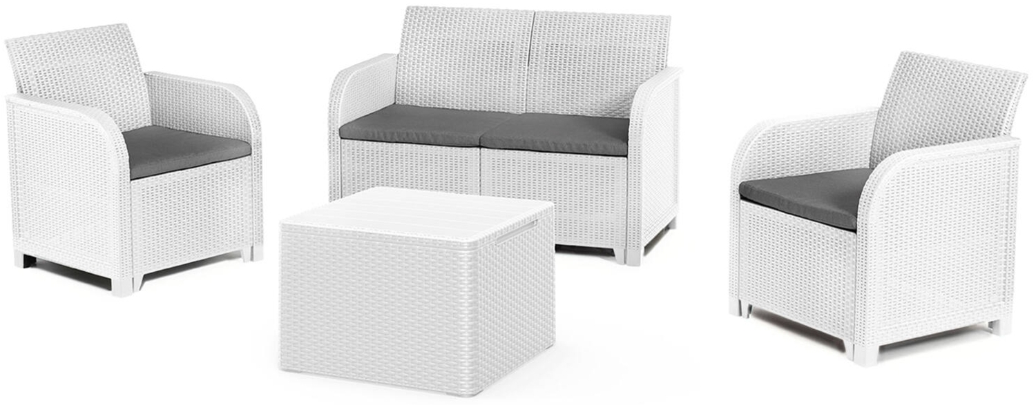 Dmora Loungeset für draußen Barrhead, Outdoor-Lounge mit Couchtisch, Terrassenset mit Kissen, Gartenkomposition mit Sofa und Sesseln, 113x65 h74 cm, Weiß Bild 1