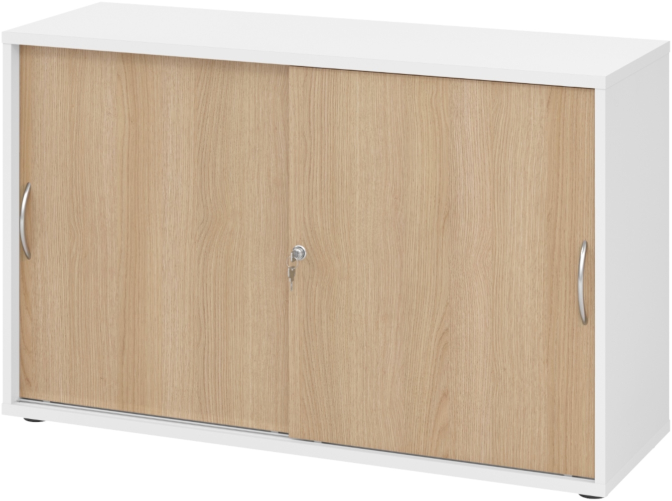 bümö Schiebetürenschrank 2OH - Aktenschrank abschließbar, Sideboard Schrank mit Schiebetüren in Weiß/Eiche, Bogengriff - Büroschrank aus Holz mit Schiebetür, Büro Kommode für Ordner & Co, 1752S-W-E-BM Bild 1
