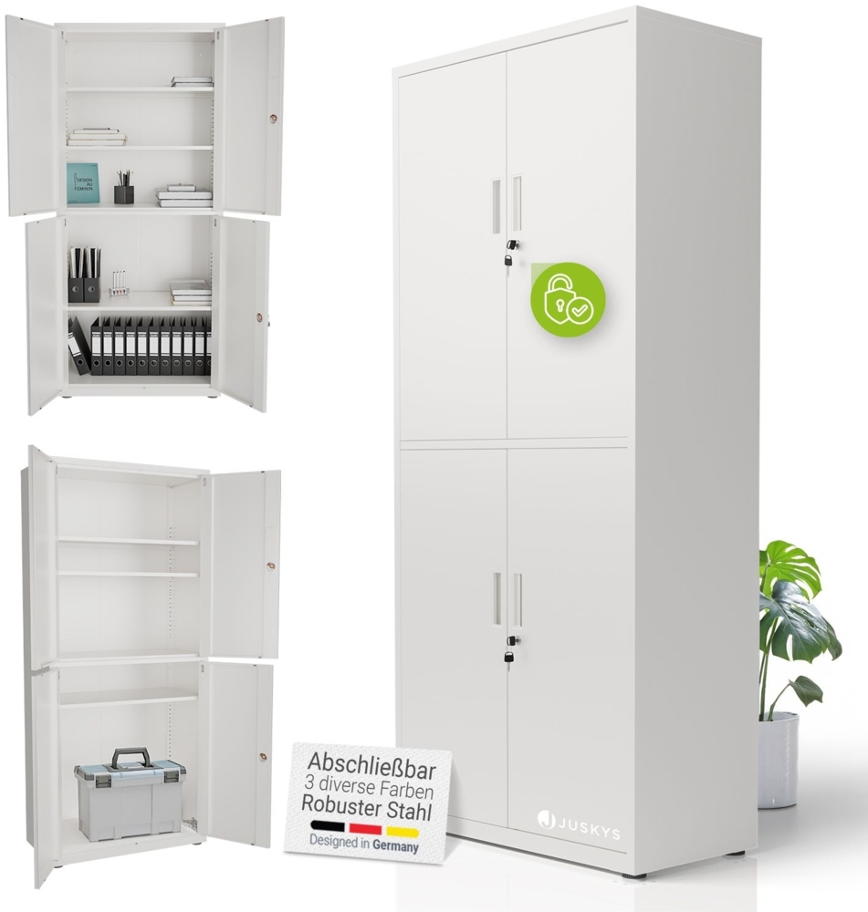 Juskys Aktenschrank aus Metall – 180x80x40 cm abschließbarer Büroschrank aus Stahl mit 3 verstellbaren Einlegeböden, höhenverstellbare Füße - Weiß Bild 1