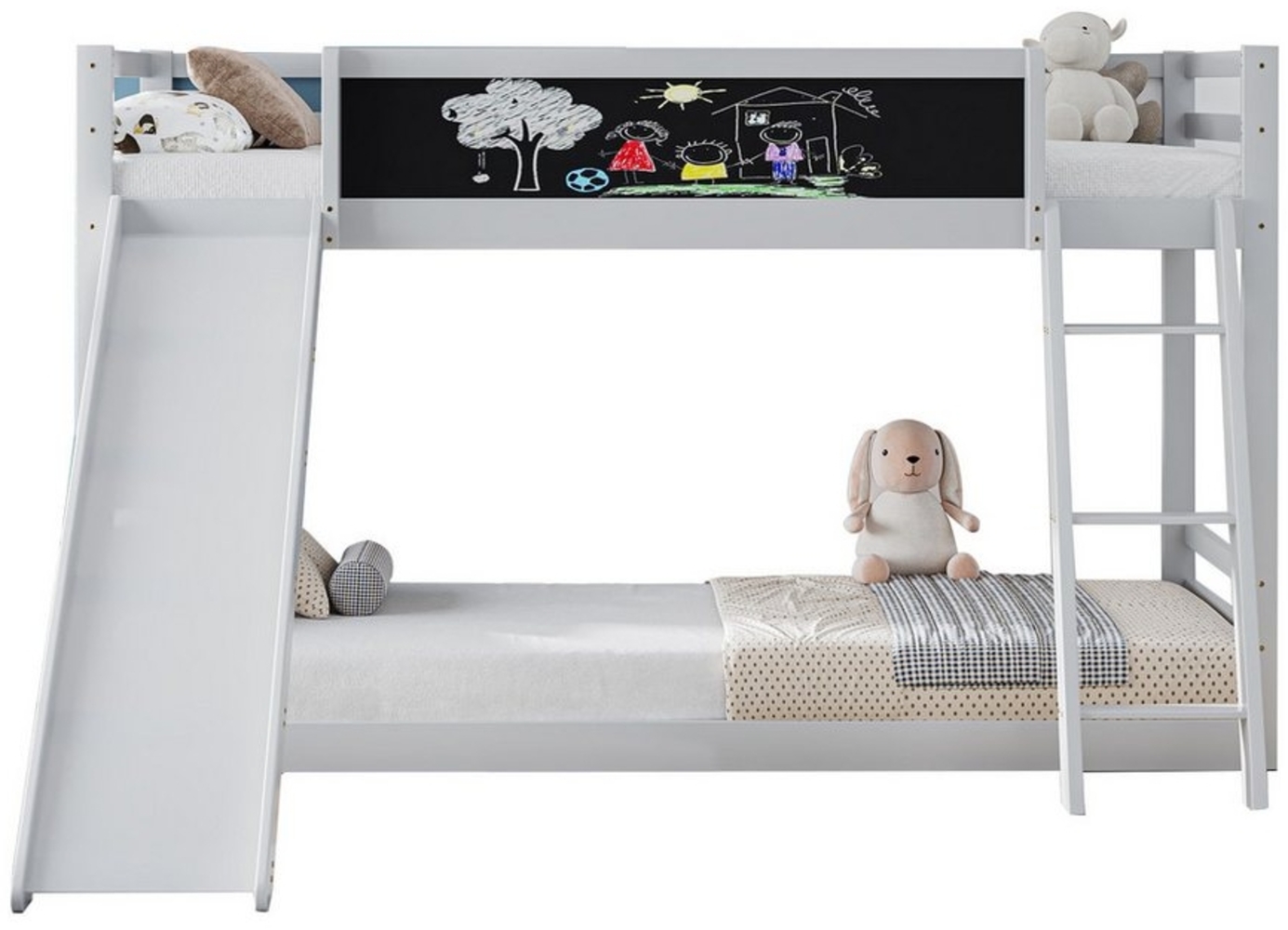 Flieks Etagenbett, Kinderbett 90x200 cm mit Tafel und Sicherheitszaun, Leiter und Rutsche Bild 1