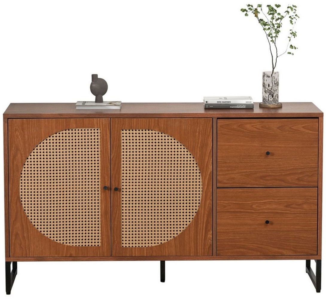 MODFU Sideboard Kommode Mehrzweckschrank (mit 2 Rattan verzierten Türen und 2 Schubladen Kommode Küchenschrank), Highboard mit Metallgriffe Bild 1