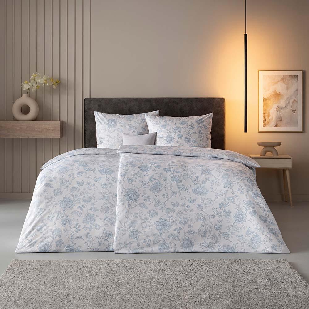 Estella Mako Jersey Bettwäsche 155x220 Valeria taupe Blumen silber bleu 6343-295 Bild 1