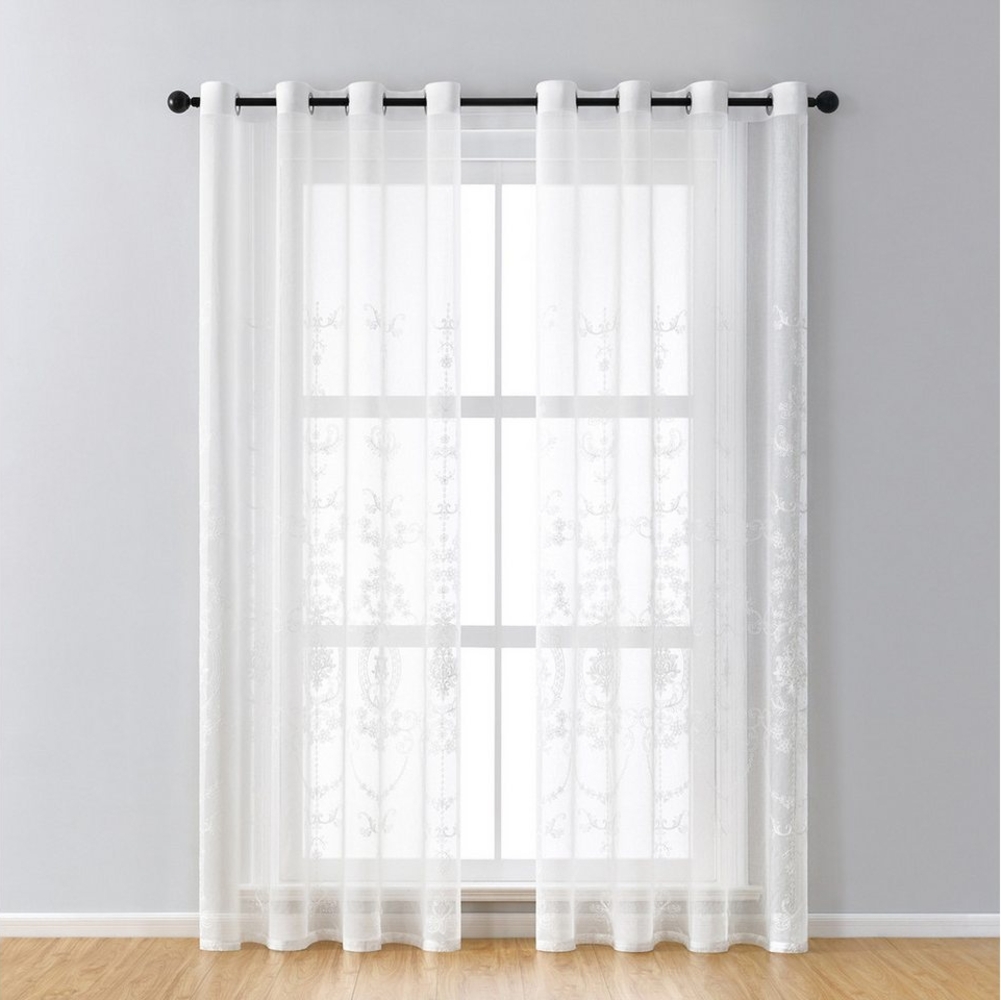 Qelus Gardine 2er Set Bestickt Sheer Voile Vorhänge mit ösen Wohnzimmer Modern, Blumen Durchsichtig Gardinen Bild 1