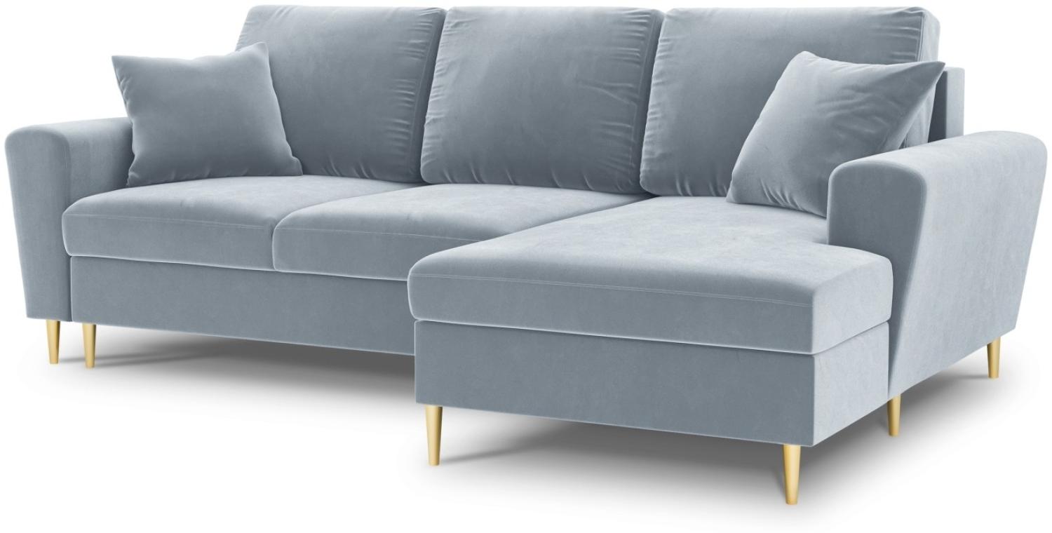 Micadoni 4-Sitzer Samtstoff Ecke rechts Sofa mit Bettfunktion und Box Moghan | Bezug Light Blue | Beinfarbe Gold Metal Bild 1