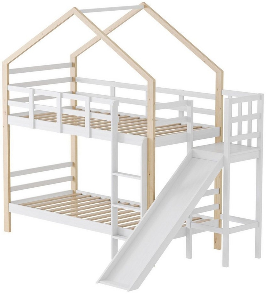 FUROKOY Etagenbett Stockbett Massivholzbett Jugendbett Kinderbett 90x200cm (Baumhaus Bett,Kiefer Ohne Matratze, Hausbett mit Rausfallschutz Lattenrost für 2 Kinder) Bild 1