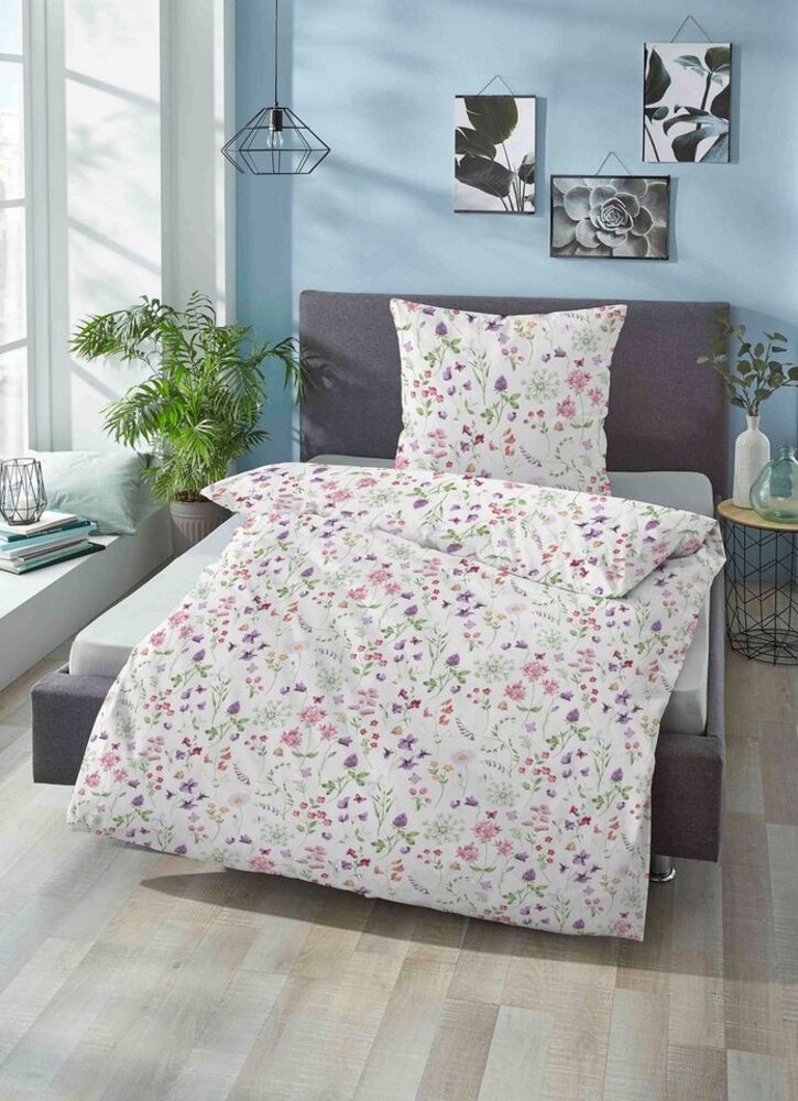 biberna 0046607 Linon-Bettwäsche FLOWERPOWER, weiss, 1x 135x200 cm + 1x 80x80 cm Bild 1