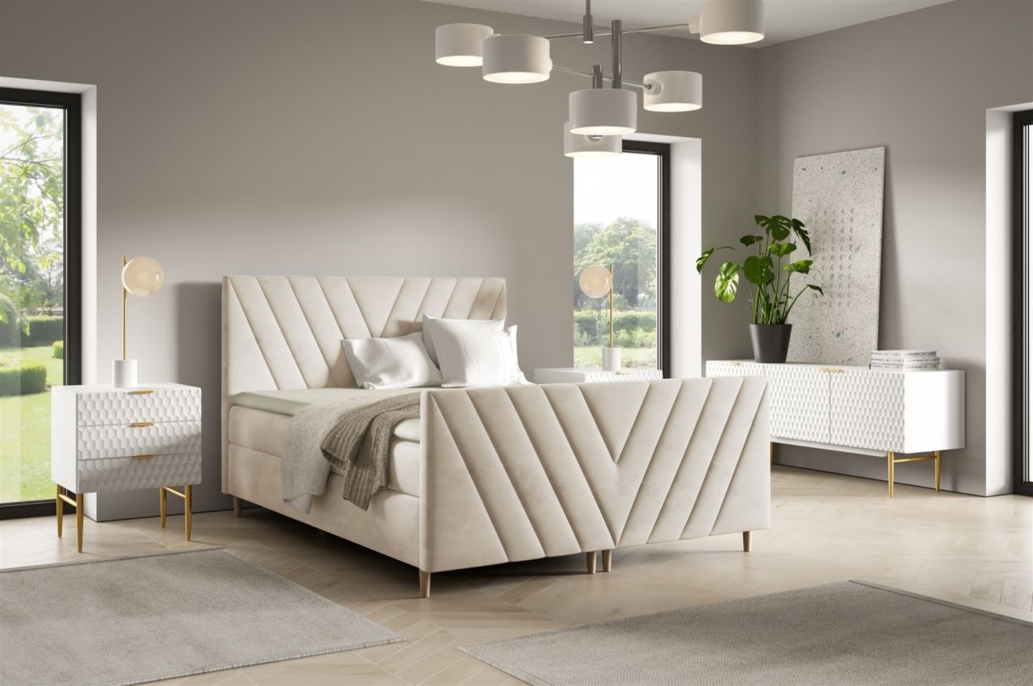 Boxspringbett Schlafzimmerbett CARLITO PREMIUM 160x200cm Stoff Fresh Altweiß Bild 1