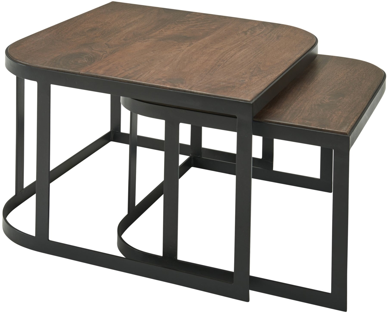 Couchtisch 2er Set Mango Massivholz / Metall Wohnzimmertisch Dunkel, Industrial Satztisch Beistelltisch Metallbeine Schwarz, Tischset 2-teilig Satztisch Holz Bild 1