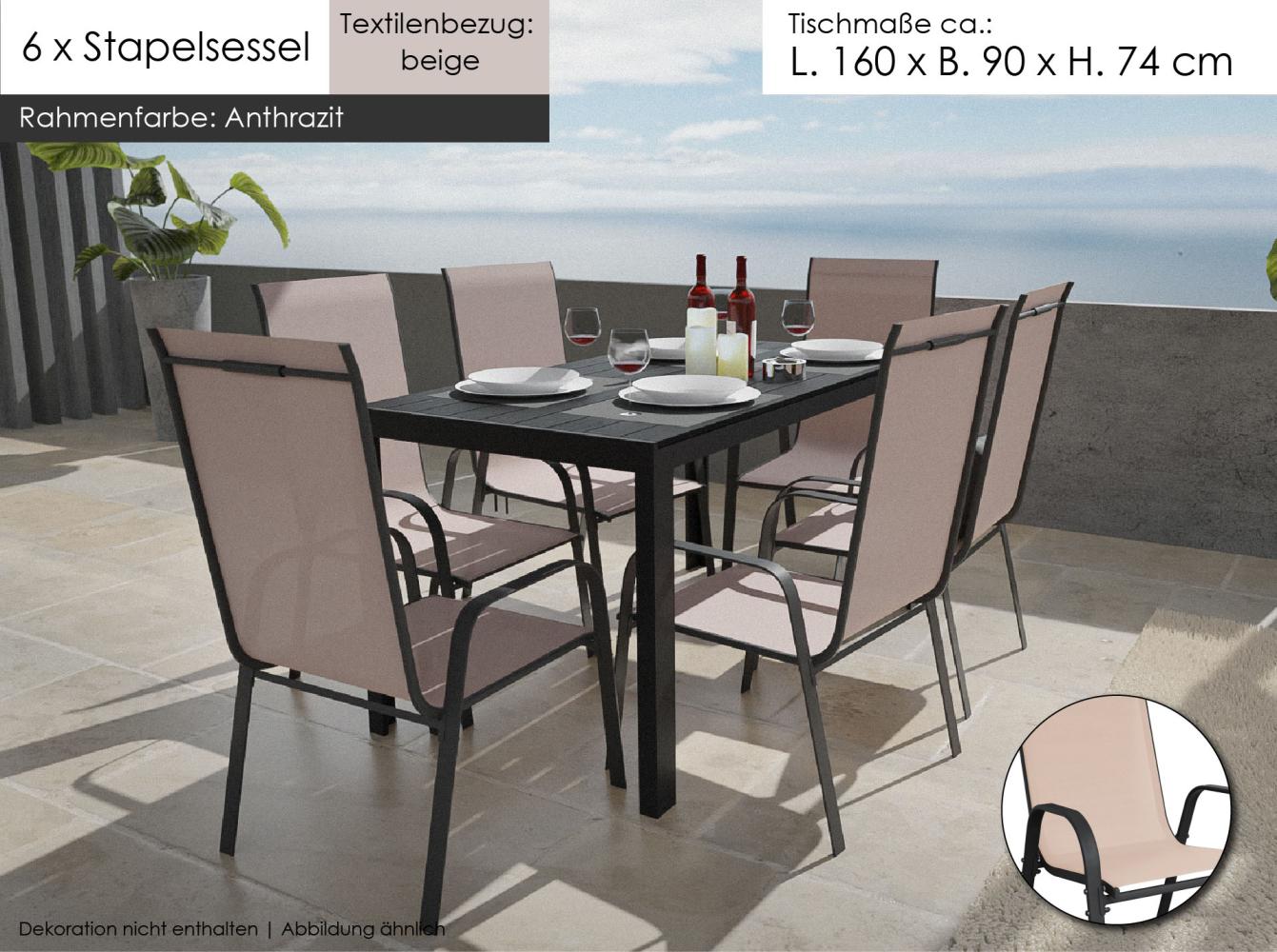 Gartenmöbel Set Alu Tisch 7-tlg. 6x Stapelsessel Gartenset Sitzgruppe Essgruppe beige Bild 1