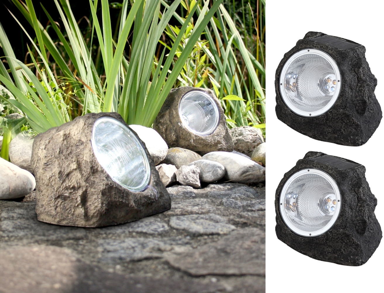 2x LED Gartendeko Solarleuchten in Steinoptik aus grauem Kunststoff Bild 1