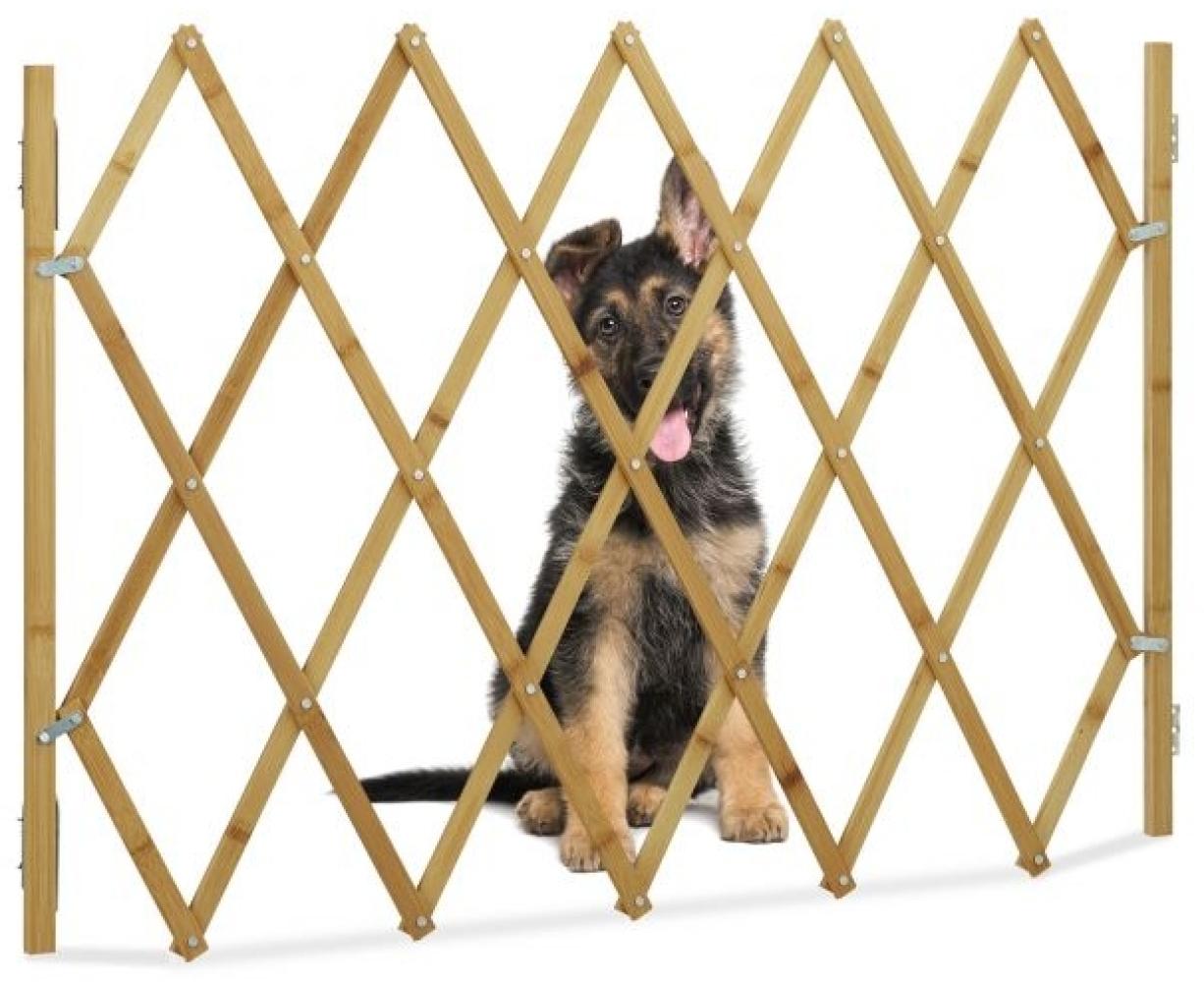 Relaxdays Hundeabsperrgitter, Schutzgitter für Tür & Treppe, Scherengitter ausziehbar bis 116,5 cm, 82,5 cm hoch, Natur Bild 1