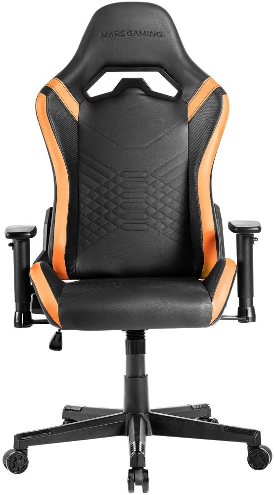 Mars Gaming MGC-PRO, Professioneller Gaming-Stuhl, PU-Leder-Oberfläche, 2D-Armlehnen und 135° Verstellbare Rückenlehne, Soft-Touch Lenden- und Nackenkissen, XL-Rollen und Klasse 4 Gasfeder, Orange Bild 1