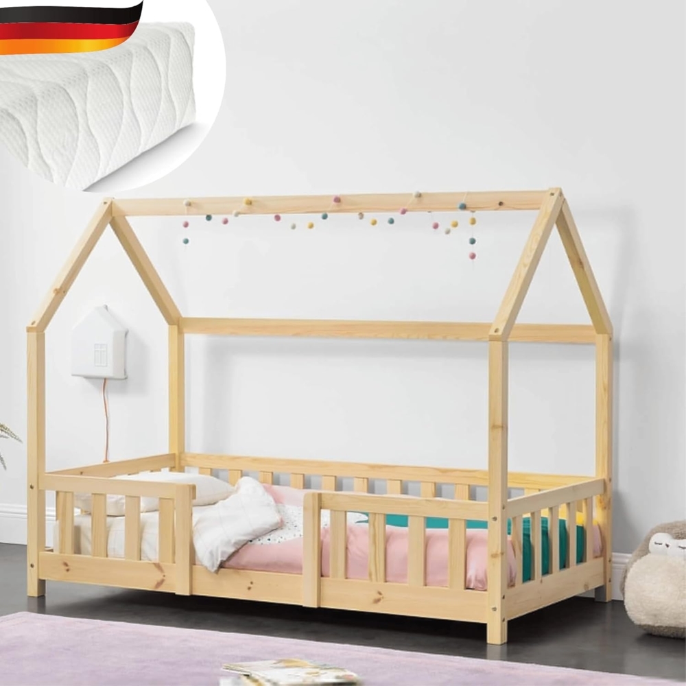 DELUKE® Kinderbett 70x140 cm LULO - Inkl. Matratze Lattenrost Rausfallschutz Einzelbett Hausbett Kinderzimmer Bodenbett Kinder Bett Klein Montessori Bett Braun Bild 1