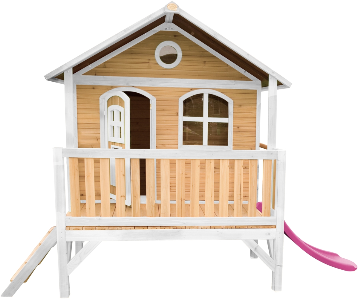 AXI Spielhaus Stef mit lila Rutsche Stelzenhaus in Braun & Weiß aus FSC Holz für Kinder | Braun, weiß, lila | Holz | 212 cm Bild 1