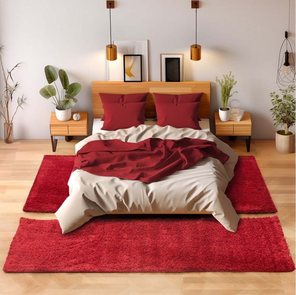 SIMPEX24 Hochflor-Bettumrandung Unicolor - Einfarbig, Höhe 30 mm, (Bett-Set, 3-tlg, Bettvorlage), Schlafzimmer Teppich Bettumrandung Läufer Set 3 teilig Bild 1