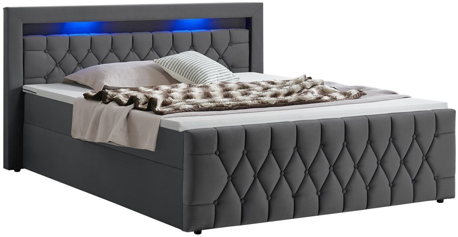 Juskys Boxspringbett Leona 180x200 cm - Bett mit LED Beleuchtung, Topper & H4 Federkern Matratzen - Doppelbett Grau mit Samt und Steppung Bild 1