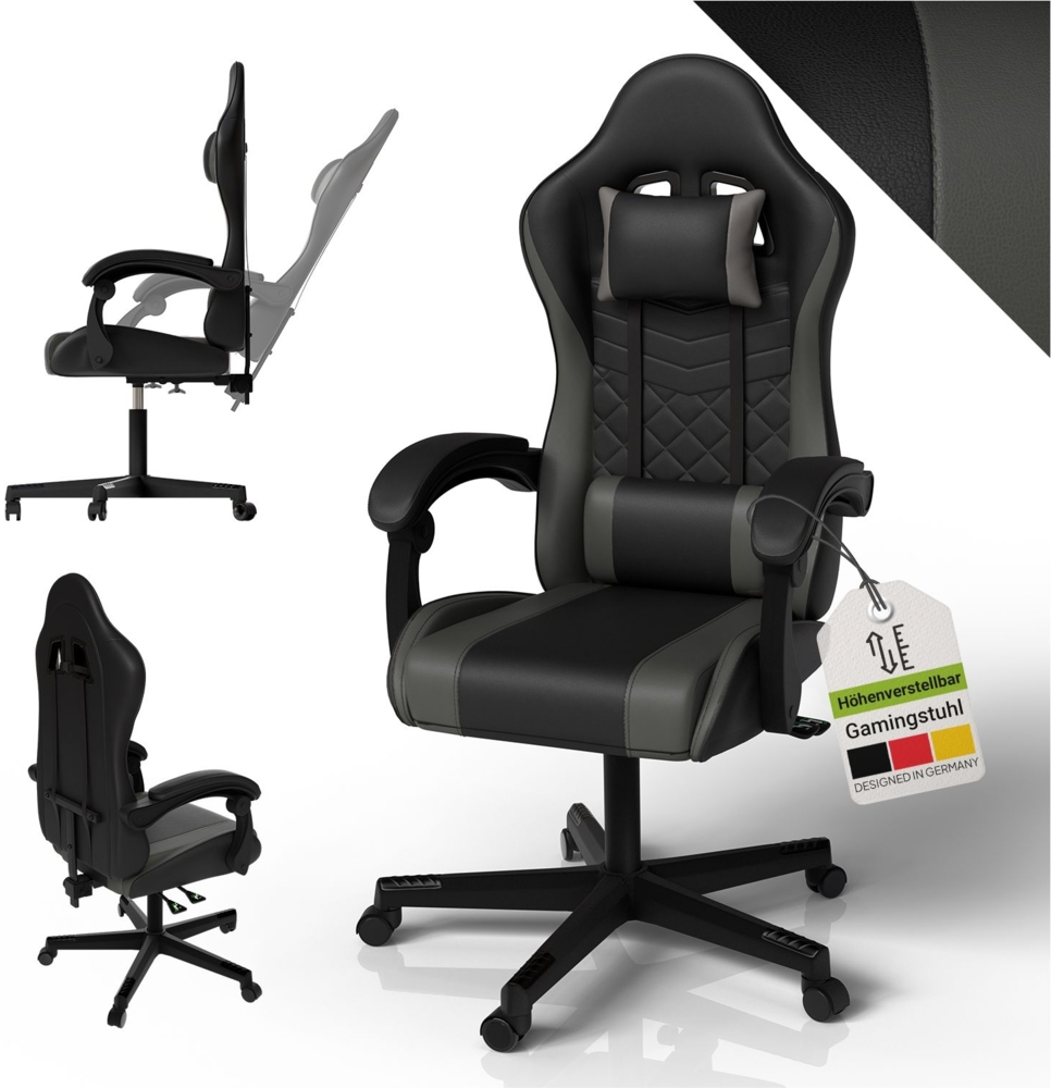 Juskys Gamingstuhl HyperSeat, verstellbare Rückenlehne, höhenverstellbarer Drehstuhl, Kunstleder, ergonomisch, für Büro & Gaming Setup – Schwarz/dunkelgrau Bild 1
