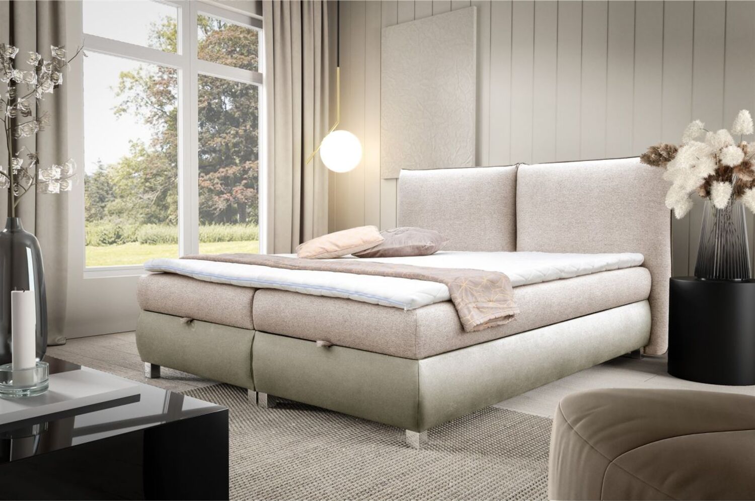Boxspringbett Schlafzimmerbett VALENTIN 160x200cm Stoff Neve-Vega Beige Bild 1