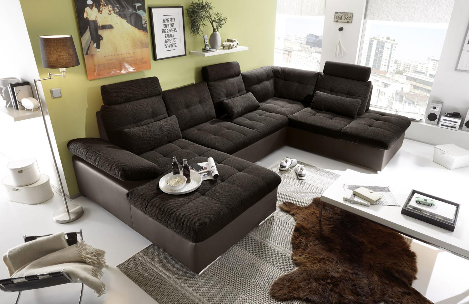 Couch Wohnlandschaft Schlaffunktion Schlafsofa braun schwarz Ottomane rechts Bild 1