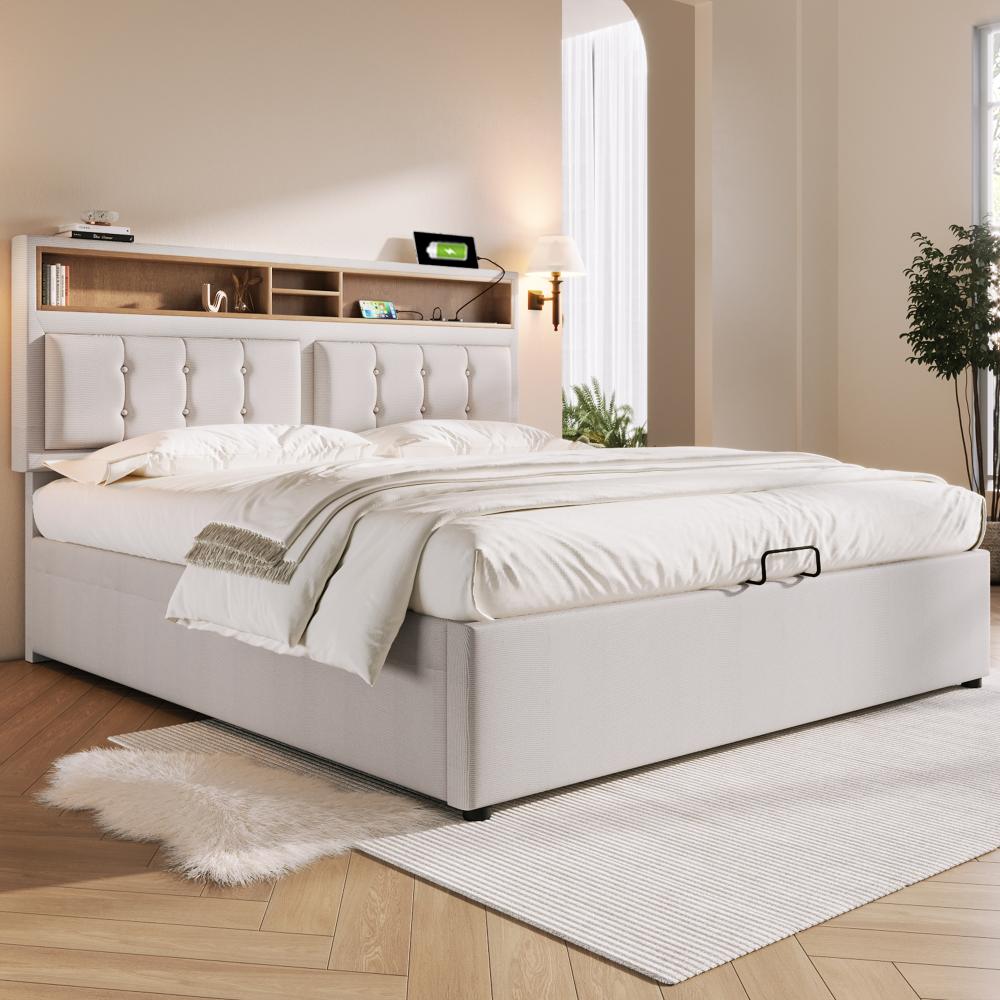 Merax Polsterbett Doppelbett mit USB C Steckdose Ladefunktion Kopfteil, Stauraumbetten Bettgestell aus Leinen 140x200, Beige Bild 1