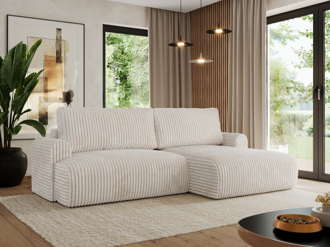 L-förmiges Ecksofa mit losen Kissen und Armlehnen für das Wohnzimmer, Ecksofa mit Schlaffunktion, Bettkästen - TONO - Creme Cord - rechte Seite Bild 1