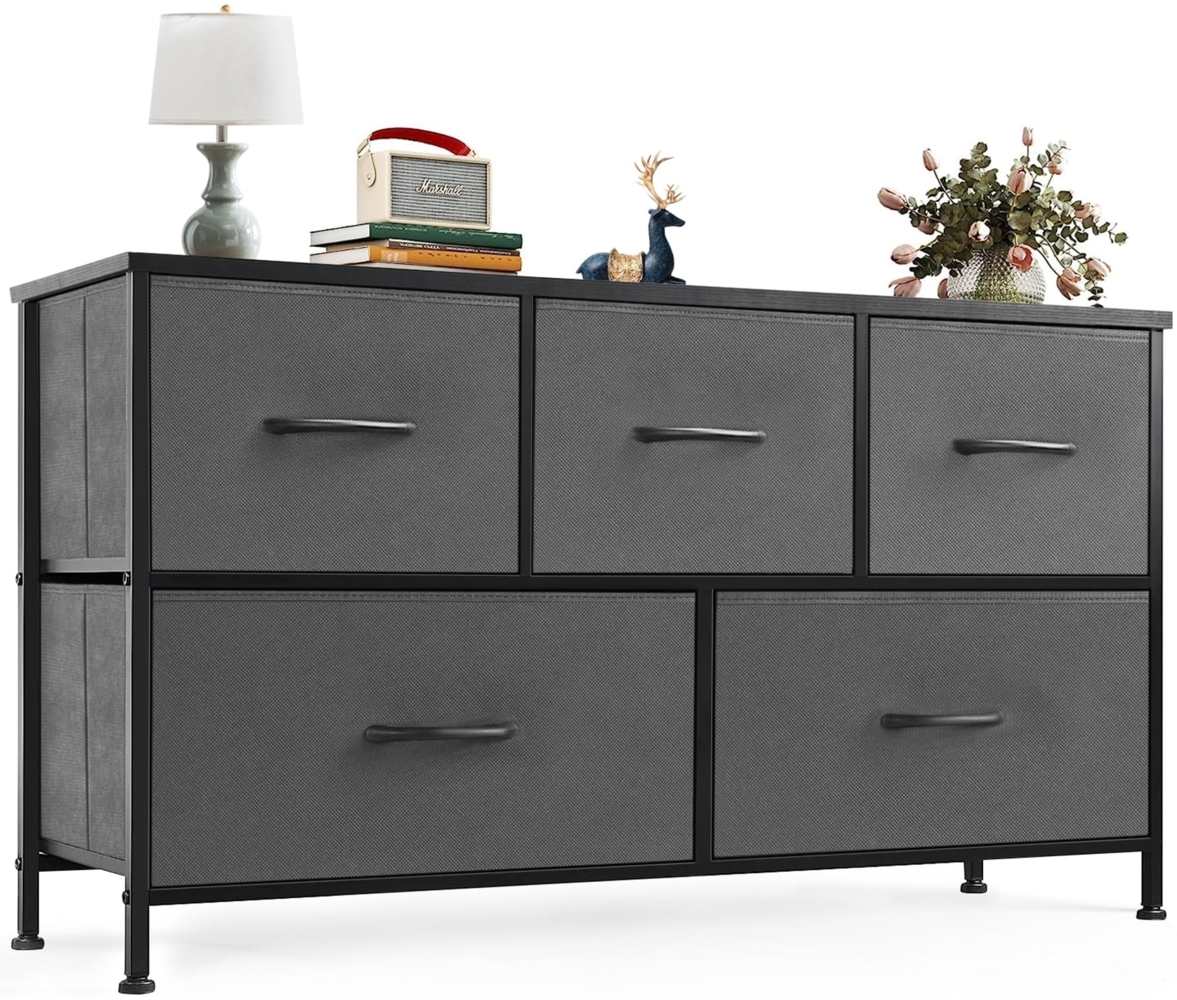 Sweetcrispy Kommode,Sideboard Wohnzimmer für Schlafzimmer mit 5 Stoffschubladen,Einstellbare Füße Schubladenschrank,Komodenschrank für Schlafzimmer,Modernes Grau Bild 1