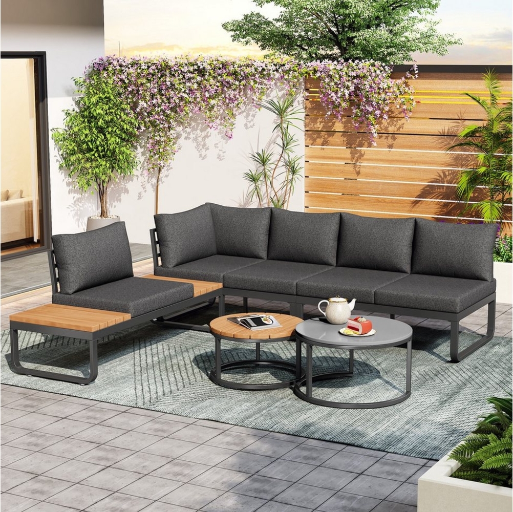 Flieks Gartenlounge-Set, 5-Sitzer Gartenmöbel, Einzelsofa mit Tischplatte, Couchtisch stapelbar Bild 1