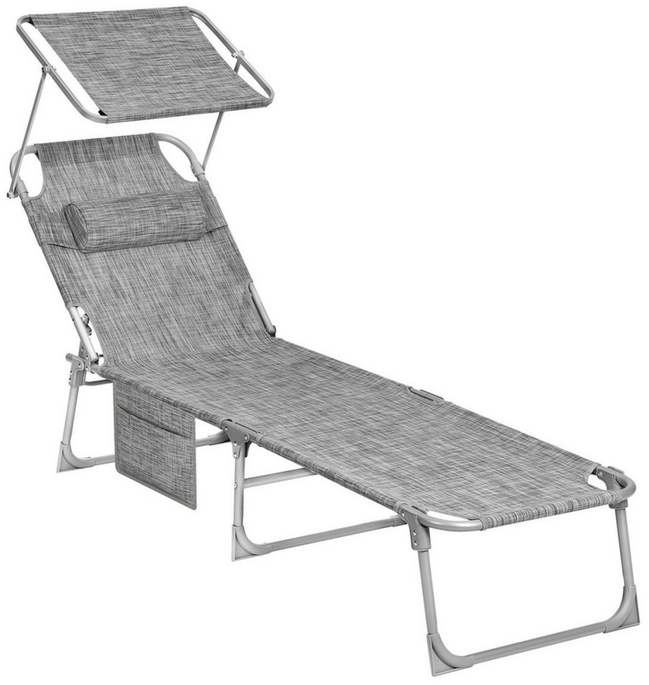 Songmics Gartenliege klappbar, mit Kopfstütze und verstellbarer Rückenlehne, 1x Sonnenliege, mit Seitentasche, Hellgrau, 53 x 193 x 29 cm Bild 1