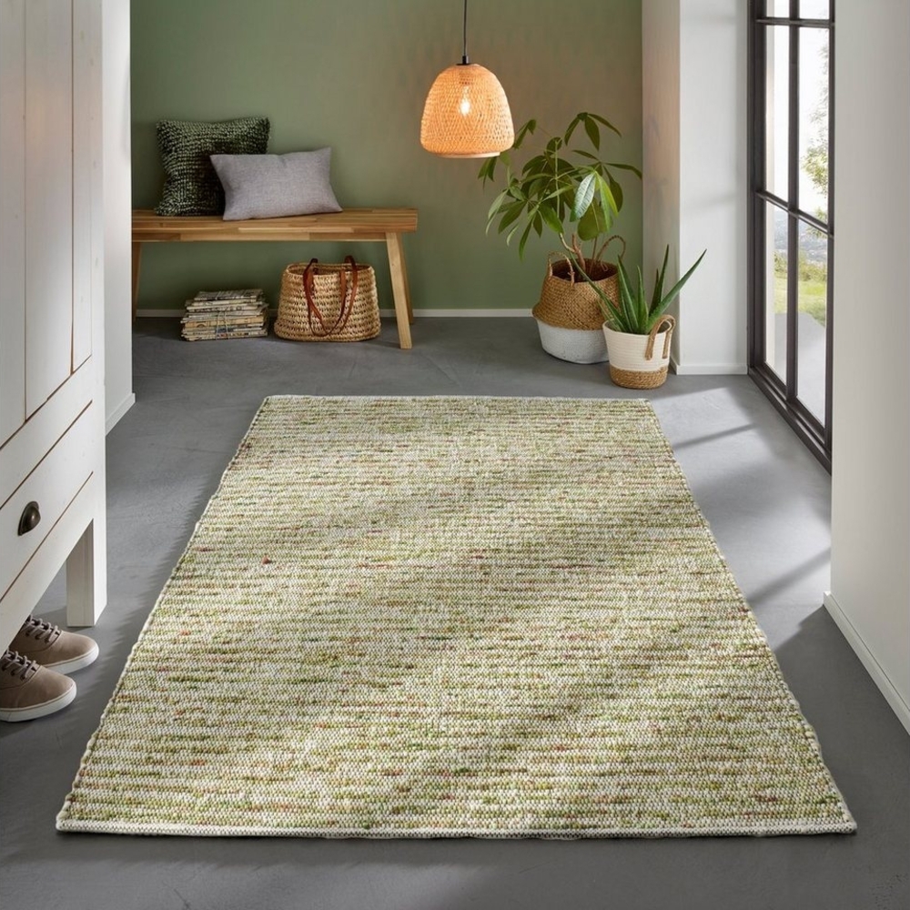 TaCa Home Wollteppich Gewalkter Handweb Woll-Teppich mit schwarzer Kette, rechteckig, Höhe: 9 mm, nachhaltige Schurwolle Wohnzimmer Schlafzimmer, Grün - 90x160 cm Bild 1