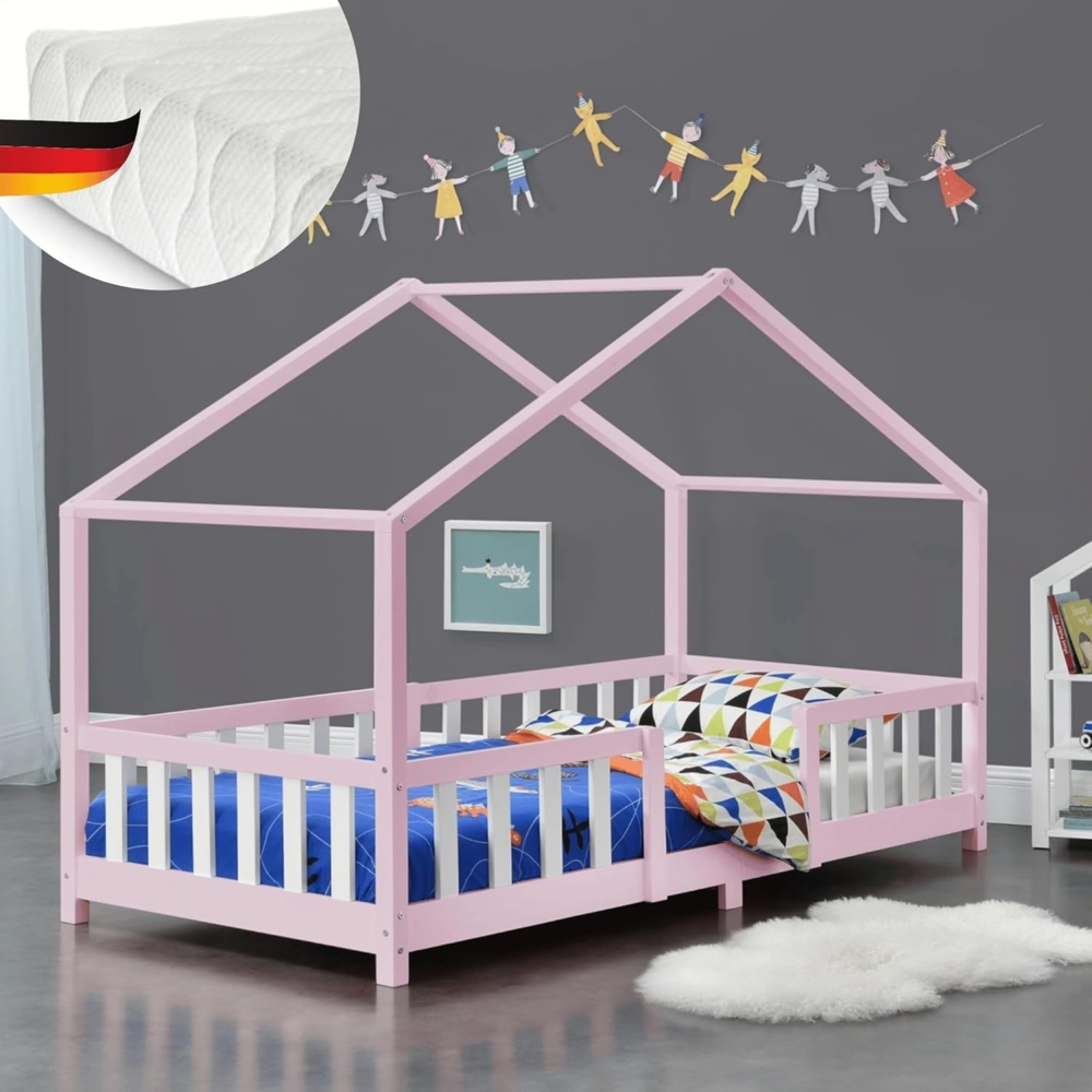 DELUKE® Kinderbett 90x200 cm MILA - mit Matratze Lattenrost Rausfallschutz Hausbett Kinder Haus Bett Kinderzimmer Bodenbett Einzelbett Kinder Bett Klein Kinderbett Montessori Bett Rosa Bild 1