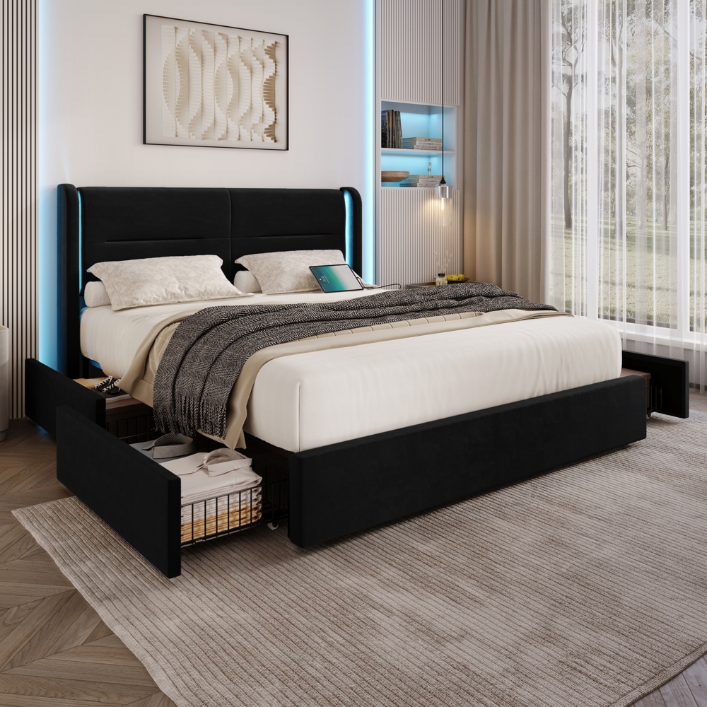 LVHOM Polsterbett Doppelbett 160x200 cm, LED-Samt-Bett mit 4 Schubladen, USB/Typ C-Anschlüssen, Stauraum, Samtbezug, 300 kg Tragkraft, App-Steuerung Bild 1