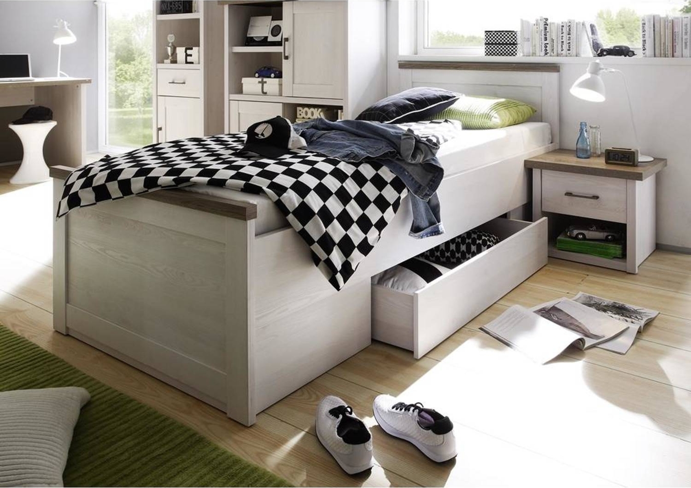 2 tlg. Jugendzimmer Set im Landhaus Design LUND-78 in Pinie weiß Nb. /Trüffel Eiche Nb. Bild 1